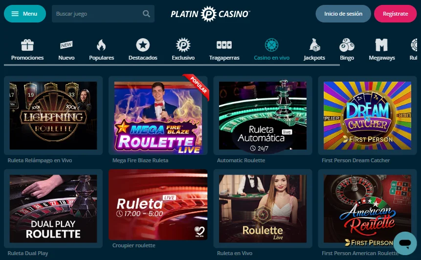 Juego en vivo Platincasino con distribuidores españoles